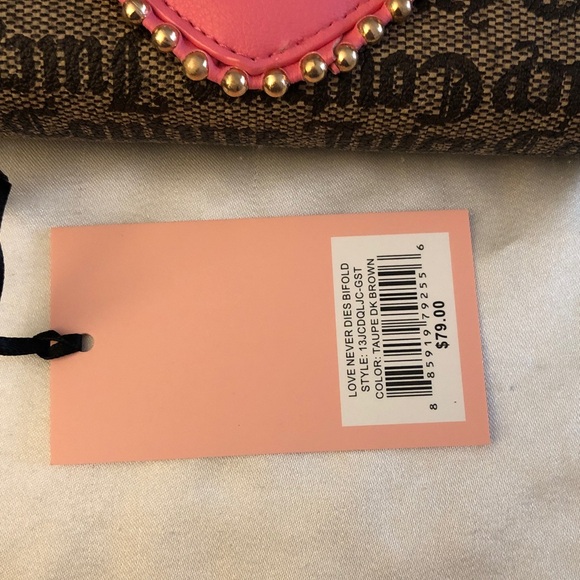 Juicy Couture Taupe Dark Brown Love Never Dies Bifold Wallet Studded Heart NWT - Picture 4 of 16